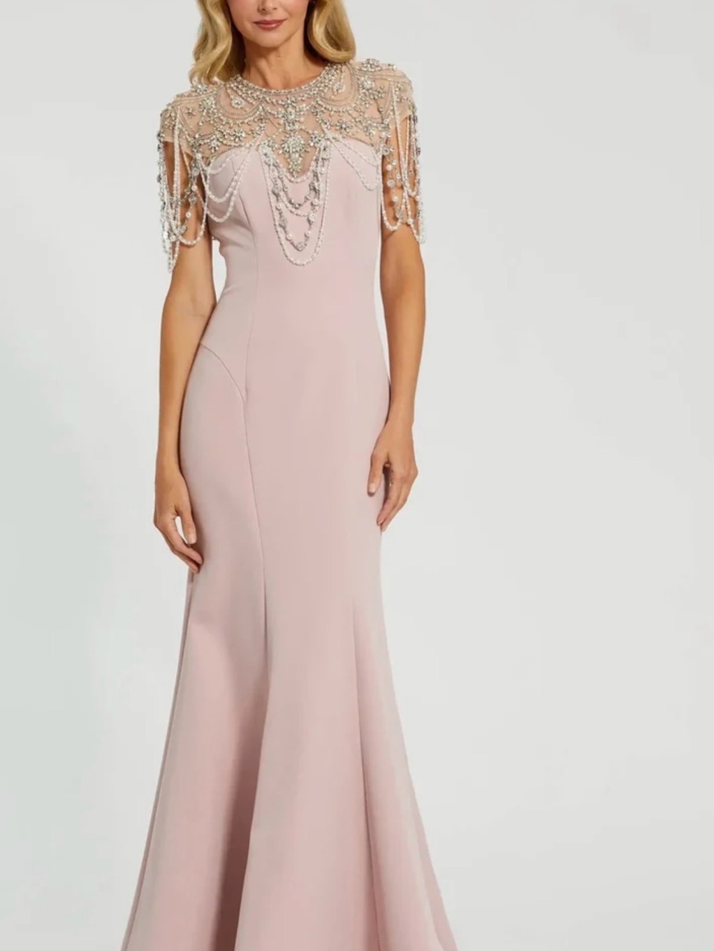 Mac Duggal Blush Pink Beaded Capelet Mermaid Gown